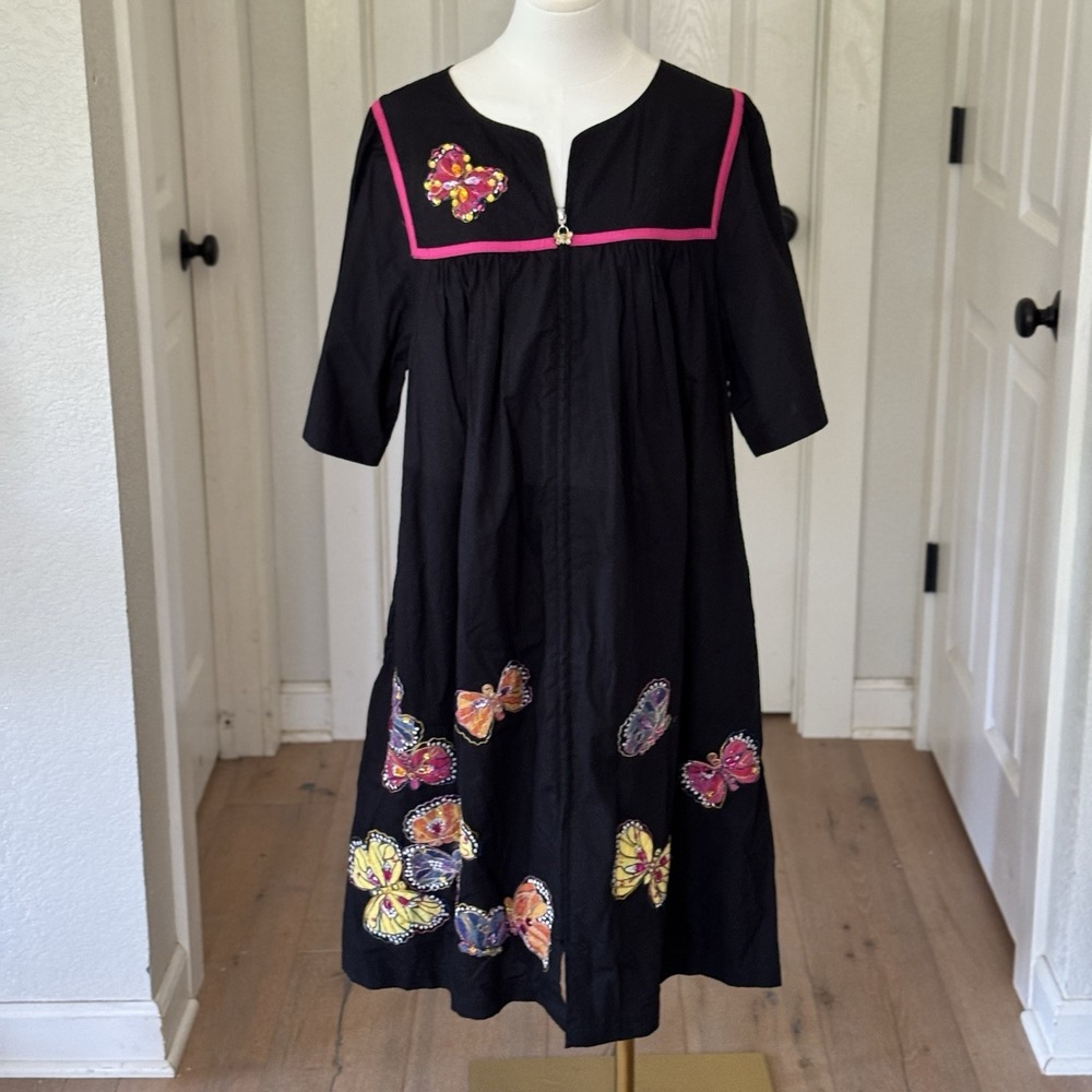 Go Softly Patio Dress Butterfly Embroidered Vtg Mumu L Beading Colorful Granny